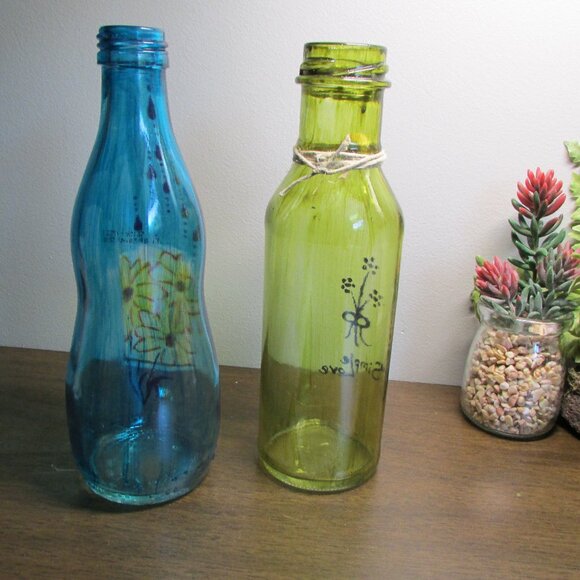 Hand Painted Upcycled Bottles: Blue & Green Folk Art Vases, Set of 2 - Picture 7 of 16
